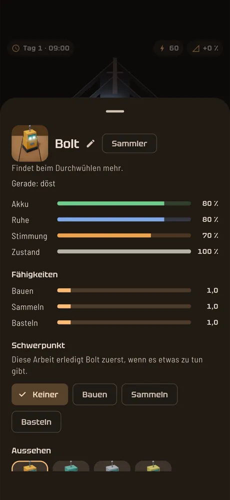 Roboterblatt mit Bedürfnissen, Eigenschaft und Fähigkeiten